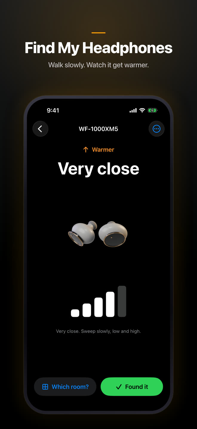 Search screen: signal bars filling as you get closer